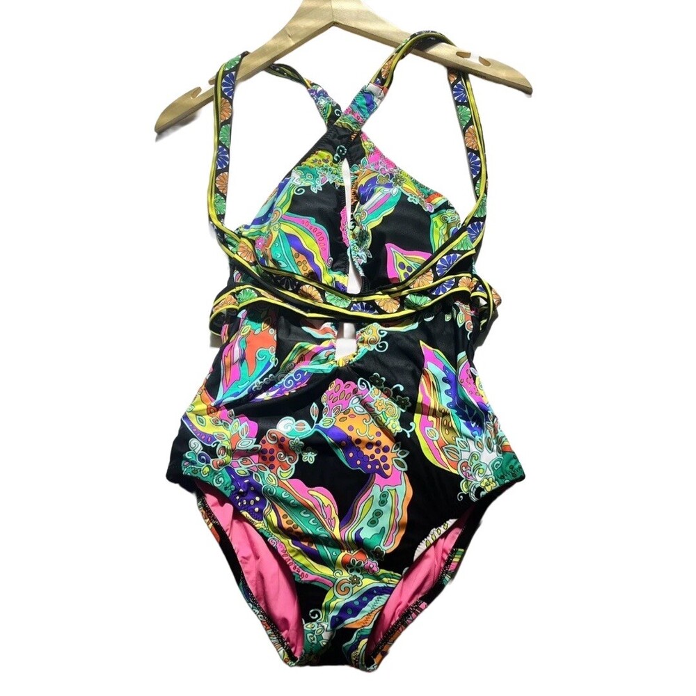 Trina Turk Sea Garden Print Black One Piece Swimsuit 4 Plunge Halter Back Tie